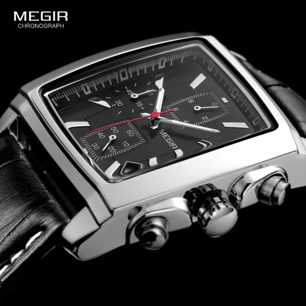 Megir retângulo dial pulseira de couro relógio para homem casual azul cronógrafo relógios de quartzo homem relógio de pulso montre reloj Часы m �