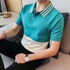 Camiseta polo masculina emendada com gola v, alta qualidade, manga curta, seda gelada, elasticidade, camiseta casual de lapela, 3XL-M, verão, 2023