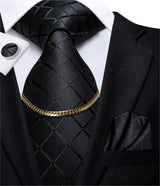Hi-Tie-Gravatas de seda xadrez de luxo masculinas, conjunto de abotoaduras, design preto, presente de casamento, corrente de gravata moda