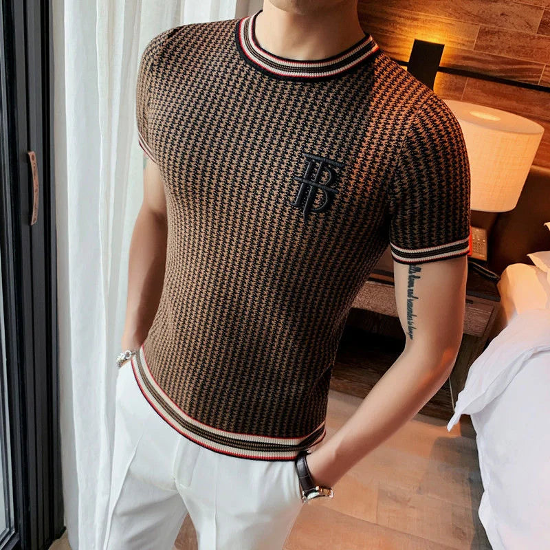 Estilo britânico mil pássaros verificar camiseta masculina novo bordado fino de malha t camisa masculina o-pescoço homme clube social outfits topo t