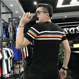 Camiseta de malha listra colorida masculina, manga curta, gola O, streetwear casual, verão, 2022