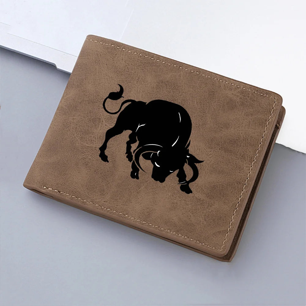 Mini carteira curta masculina com padrão de touro, zíper, bolso para moedas, porta-cartões com vários slots, presente ideal para estudantes jovens