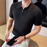 Verão gelo seda oco malha polos camisa de alta qualidade dos homens manga curta listrado negócios casual camiseta topos roupas masculinas 3xl