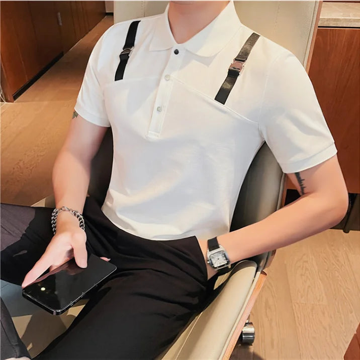 Estilo britânico Verão Manga Curta Lapela Polo Camisas Para Homens 2023 Nova Personalidade Alça de Ombro Social Slim Fit T-shirt Tops