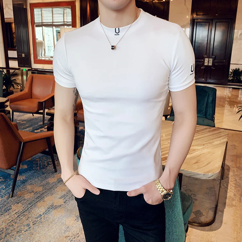 Camiseta bordada de luxo masculina, manga curta, slim fit, T elástica apertada, pulôver, camiseta casual de fitness, alta qualidade, verão, 2022