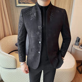 Novo chinês gola blazer jaqueta 2025 moda elegante impresso fino ajuste ternos de negócios jaqueta tailcoat roupas masculinas