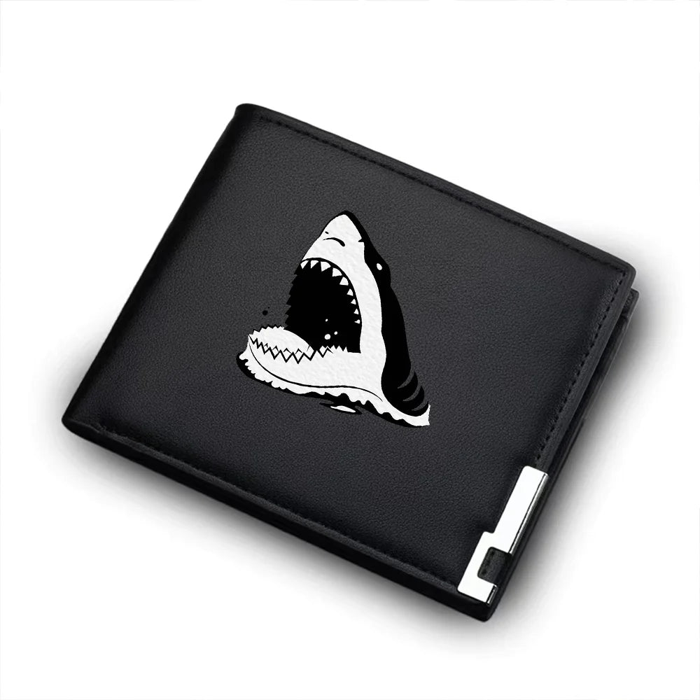 Carteira curta dobrável com estampa de tubarão branco, porta cartão masculino, presente de aniversário para meninos