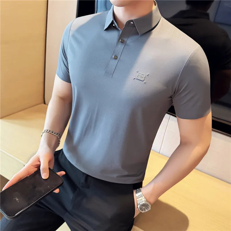 2025 verão novo sem vestígios polos elásticos camisa masculina de alta qualidade casual respirável manga curta camiseta social topos 4xl-m