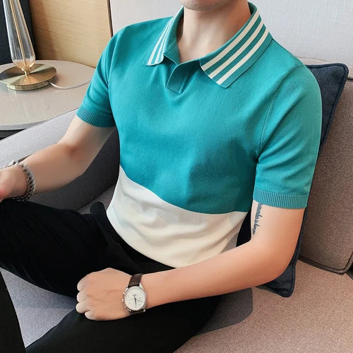 Camiseta polo masculina emendada com gola v, alta qualidade, manga curta, seda gelada, elasticidade, camiseta casual de lapela, 3XL-M, verão, 2023