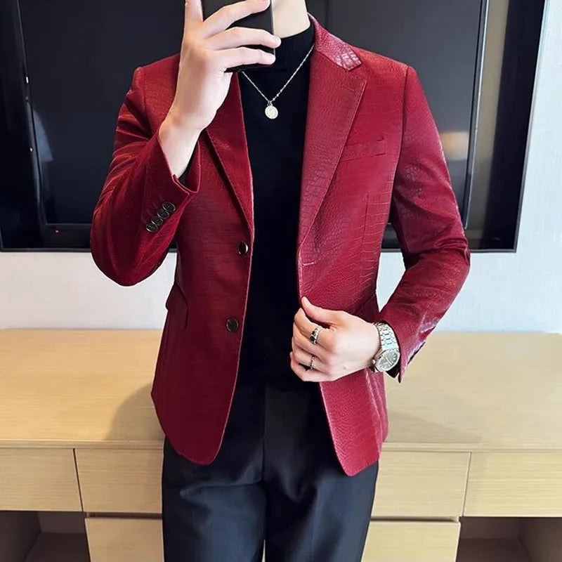 Nova alta qualidade listra de crocodilo fino ajuste jaqueta de couro clássico negócios casual fino ajuste masculino blazer smoking roupas masculinas 4xl-m