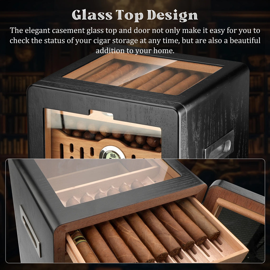 Humidor de charutos, armário de mesa com tampo de vidro, bandeja de cedro espanhol, gaveta de acessórios, 2 umidificadores e higrômetro digital, dia dos pais