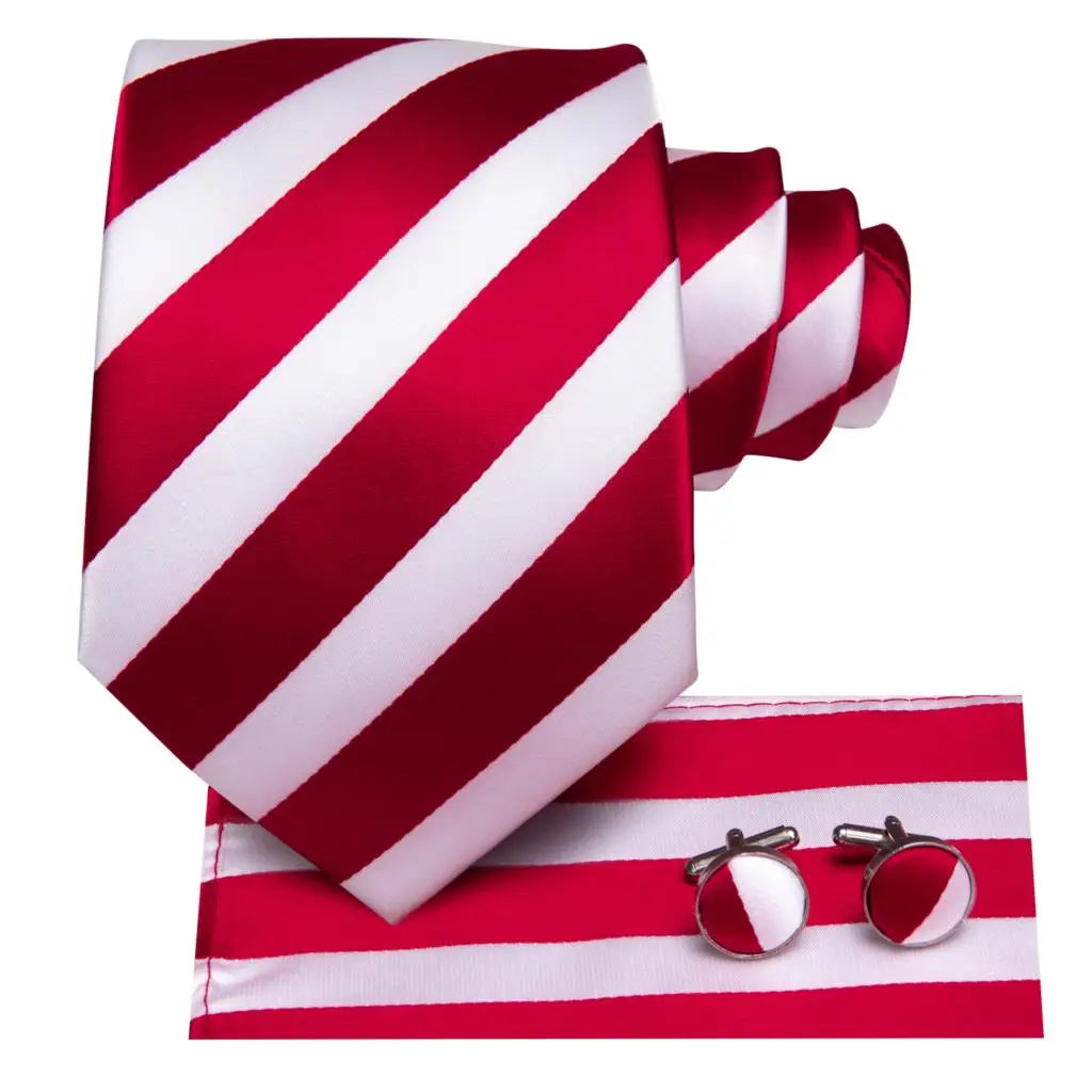 Gravata masculina listrada vermelha e branca, luxuosa, 8.5cm de largura, seda, casamento, bolso, abotoaduras quadradas, conjunto de broche, presente para homens, gravata alta