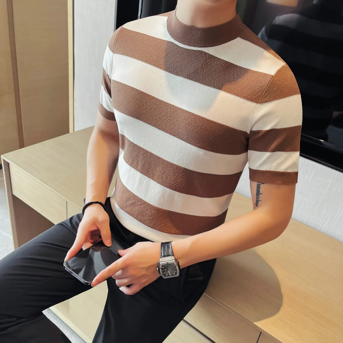 Verão tripulação pescoço manga curta malha camiseta moda listrado fino ajuste casual respirável gelo seda topos camisetas camisa roupas masculinas
