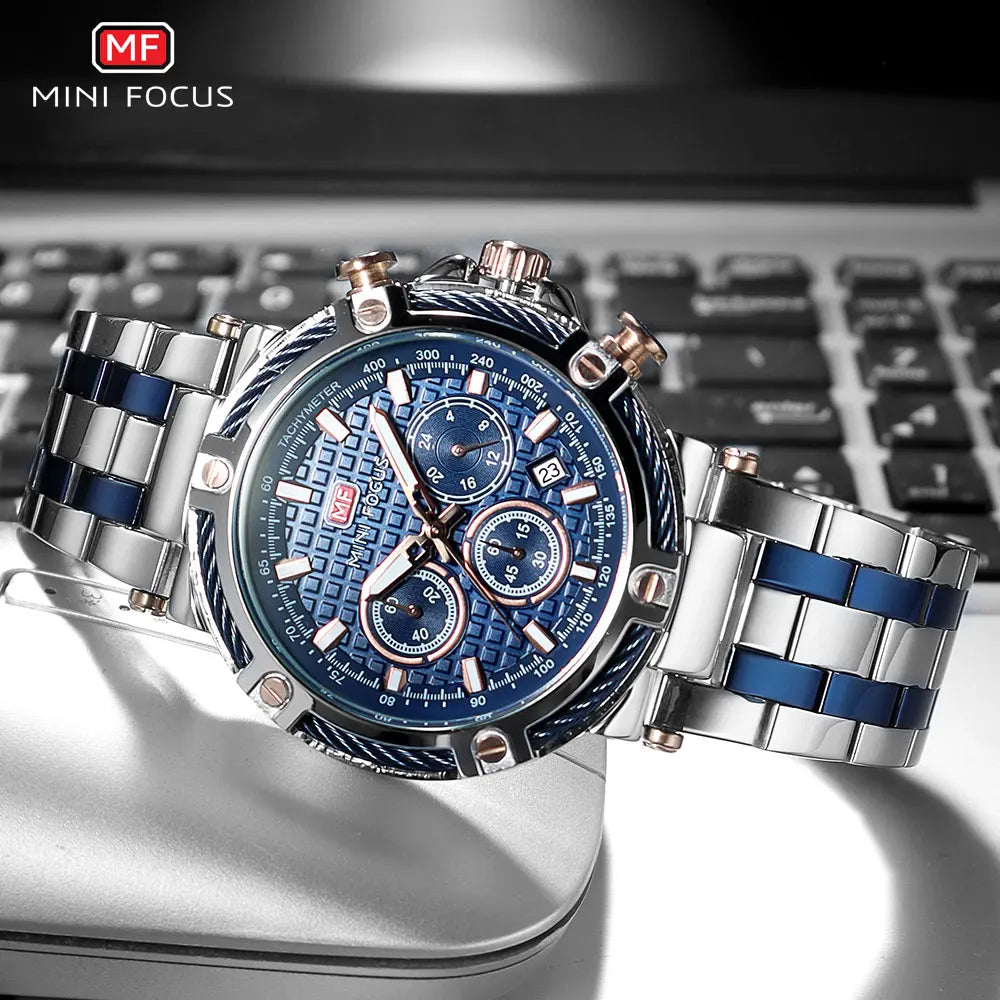 Mini foco analógico vestido de quartzo relógio masculino prata azul pulseira de aço inoxidável cronógrafo relógio de pulso luminoso com data 24 horas 0470