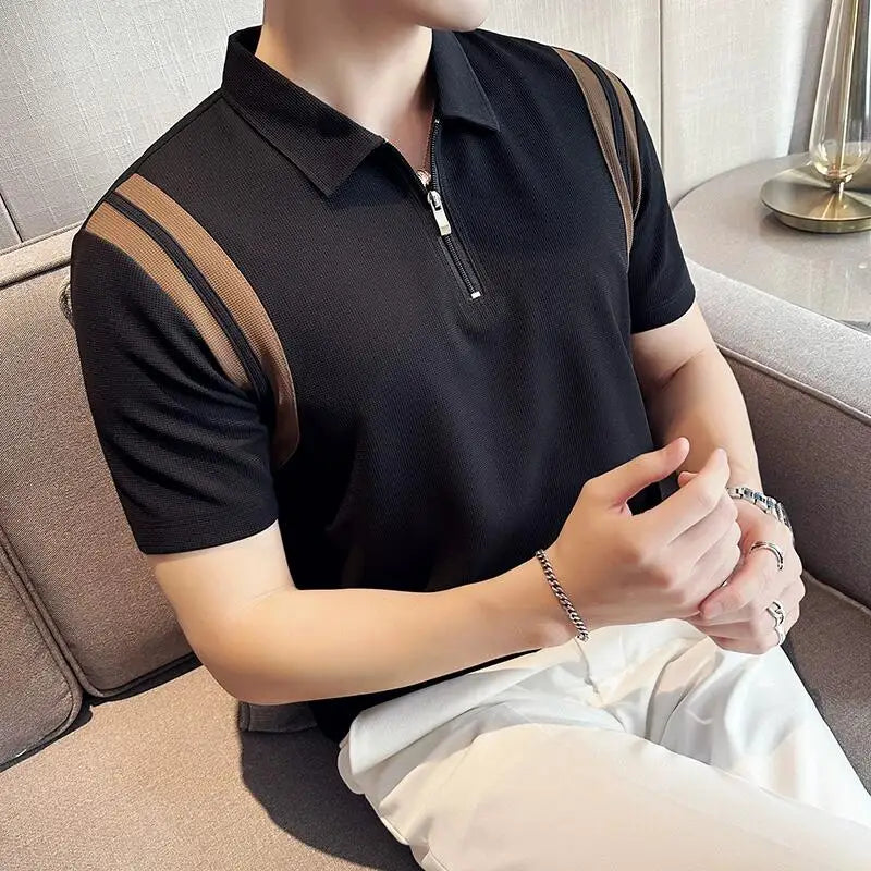 Verão Alta Elastic Stripe Manga Curta Polo Camisas 2023 Homens de Negócios Casual Zipper T-shirt Tops Streetwear Plus Size 4XL-M