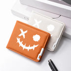Carteira masculina de couro PU impressa com desenhos animados com vários slots para cartões Slim Funny Expression Design Carteira compacta elegante