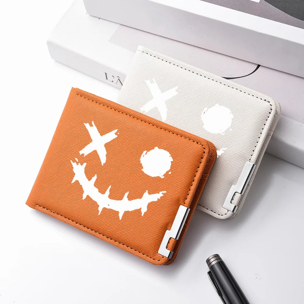 Carteira masculina de couro PU impressa com desenhos animados com vários slots para cartões Slim Funny Expression Design Carteira compacta elegante