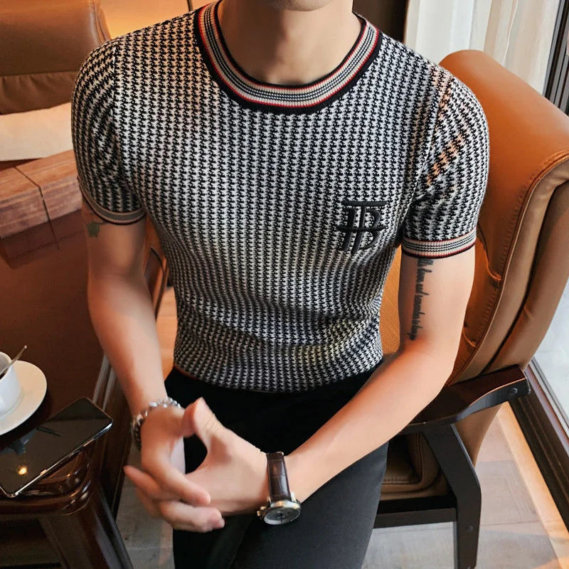Estilo britânico mil pássaros verificar camiseta masculina novo bordado fino de malha t camisa masculina o-pescoço homme clube social outfits topo t