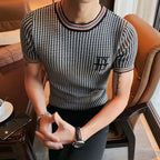 Estilo britânico mil pássaros verificar camiseta masculina novo bordado fino de malha t camisa masculina o-pescoço homme clube social outfits topo t