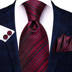 Conjunto clássico de gravata de seda masculino, gravata, listrada azul bordô, lenço elegante, abotoaduras, moda luxo, 3 peças