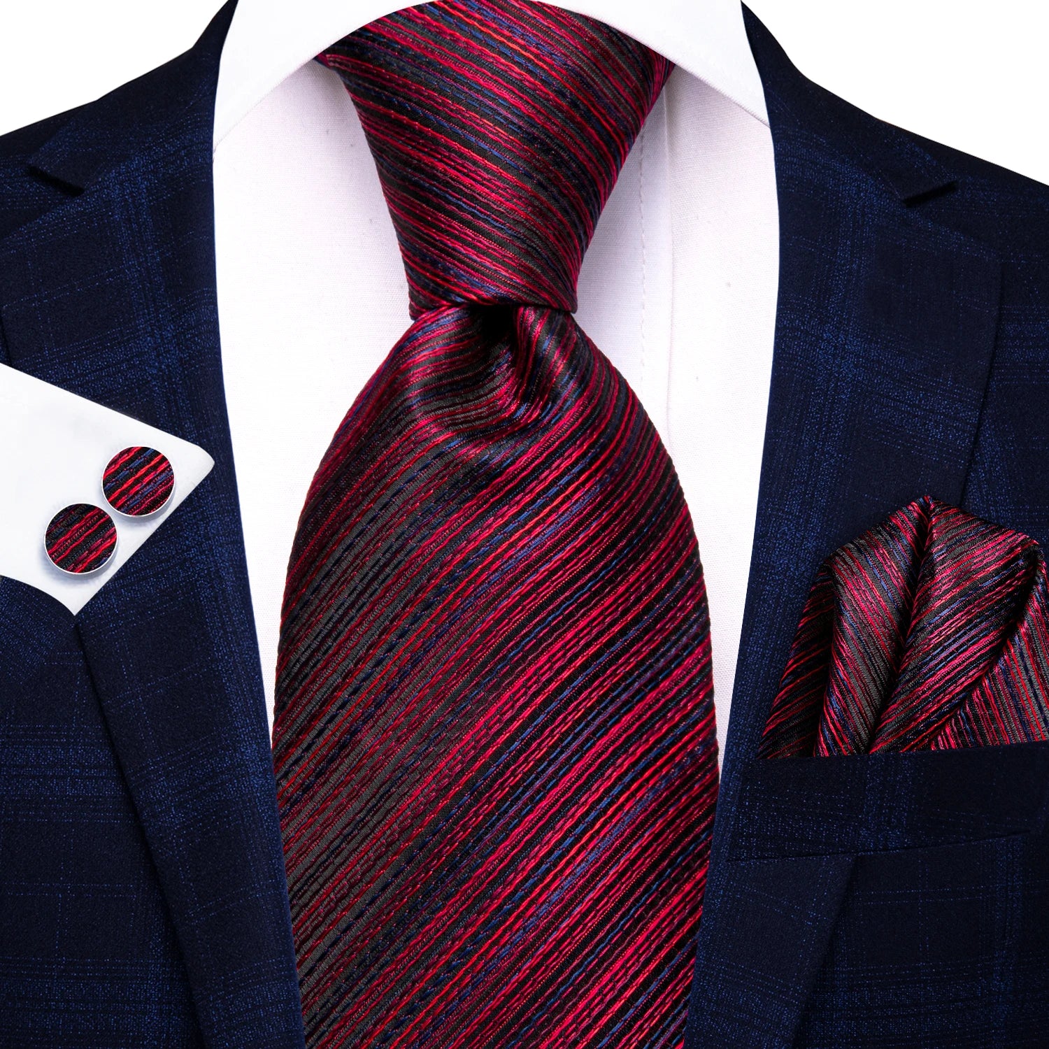 Conjunto clássico de gravata de seda masculino, gravata, listrada azul bordô, lenço elegante, abotoaduras, moda luxo, 3 peças