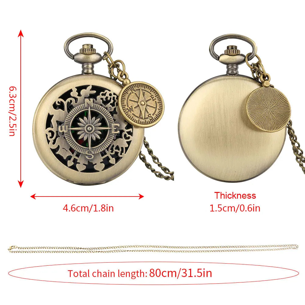 Bronze Vintage oco Coelho Padrão Bússola bolso, Pointer vermelho e branco, Dial Colar, Acessório Cadeia