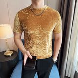 Camiseta bronzeadora de veludo dourado primavera verão novo o-pescoço moda masculina fino ajuste casual respirável t camisa pulôver roupas masculinas