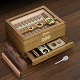 Humidor de charutos, caixa de charutos de mesa superior de vidro com higrômetro digital, umidificador, gaveta de acessórios para charutos e escala de medição