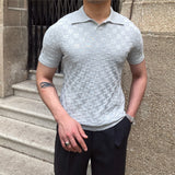 Camisas polo xadrez de malha masculina, camiseta de lapela, manga curta, gola em v, elástica, justa, casual, de negócios, social, verão, 2022
