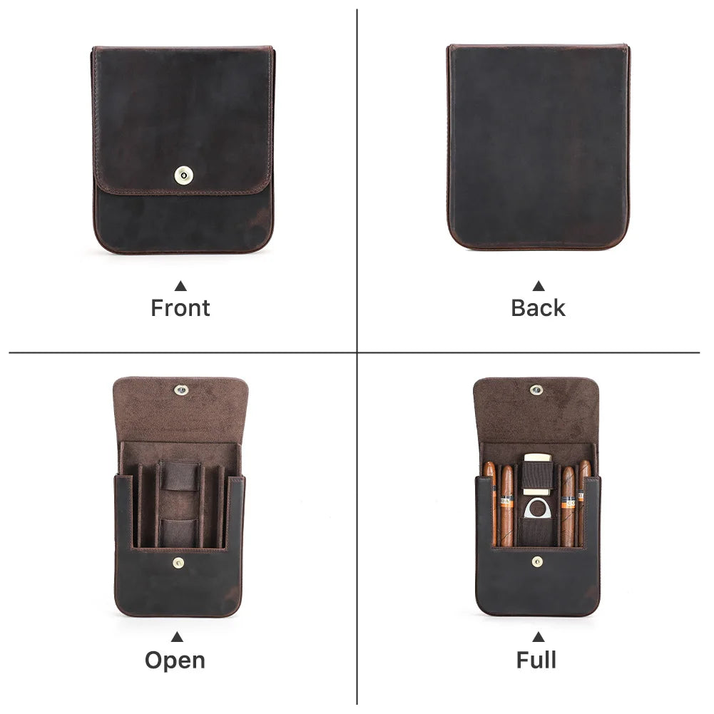 Genuine Crazy Horse Leather Travel Cigar Case, Humidor Box, Armazenamento para 4 Charutos, Acessórios para fumar