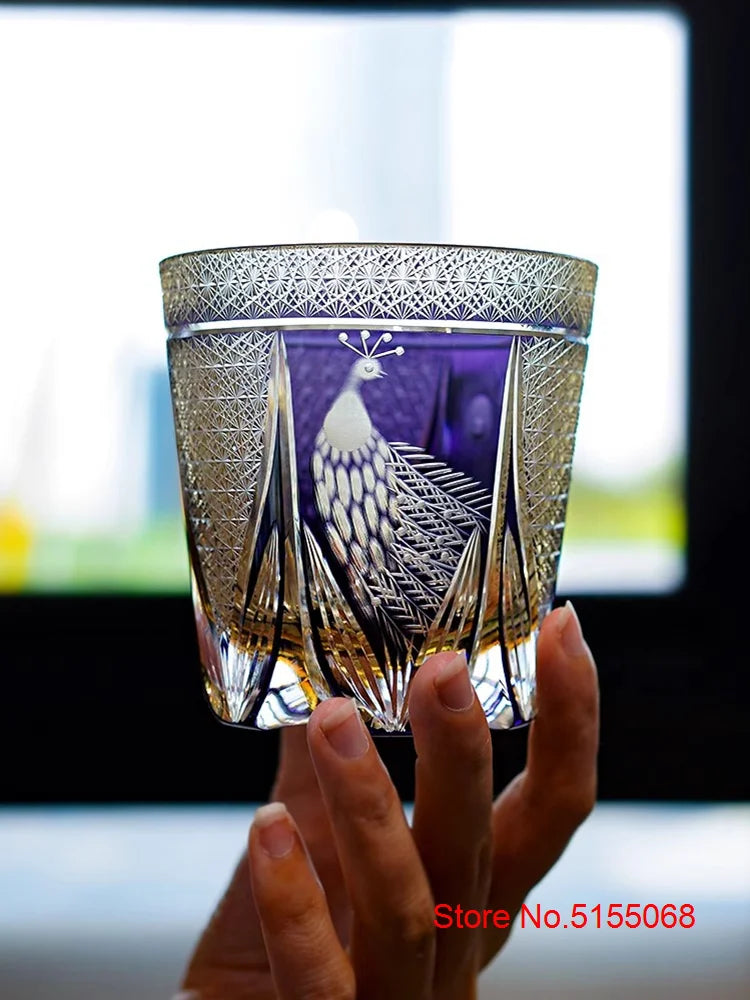 Pavão tela aberta edo kiriko corte manual roxo cristal vidro vinho snifter brandy tumbler rock copos de uísque copo produtos vidreiros