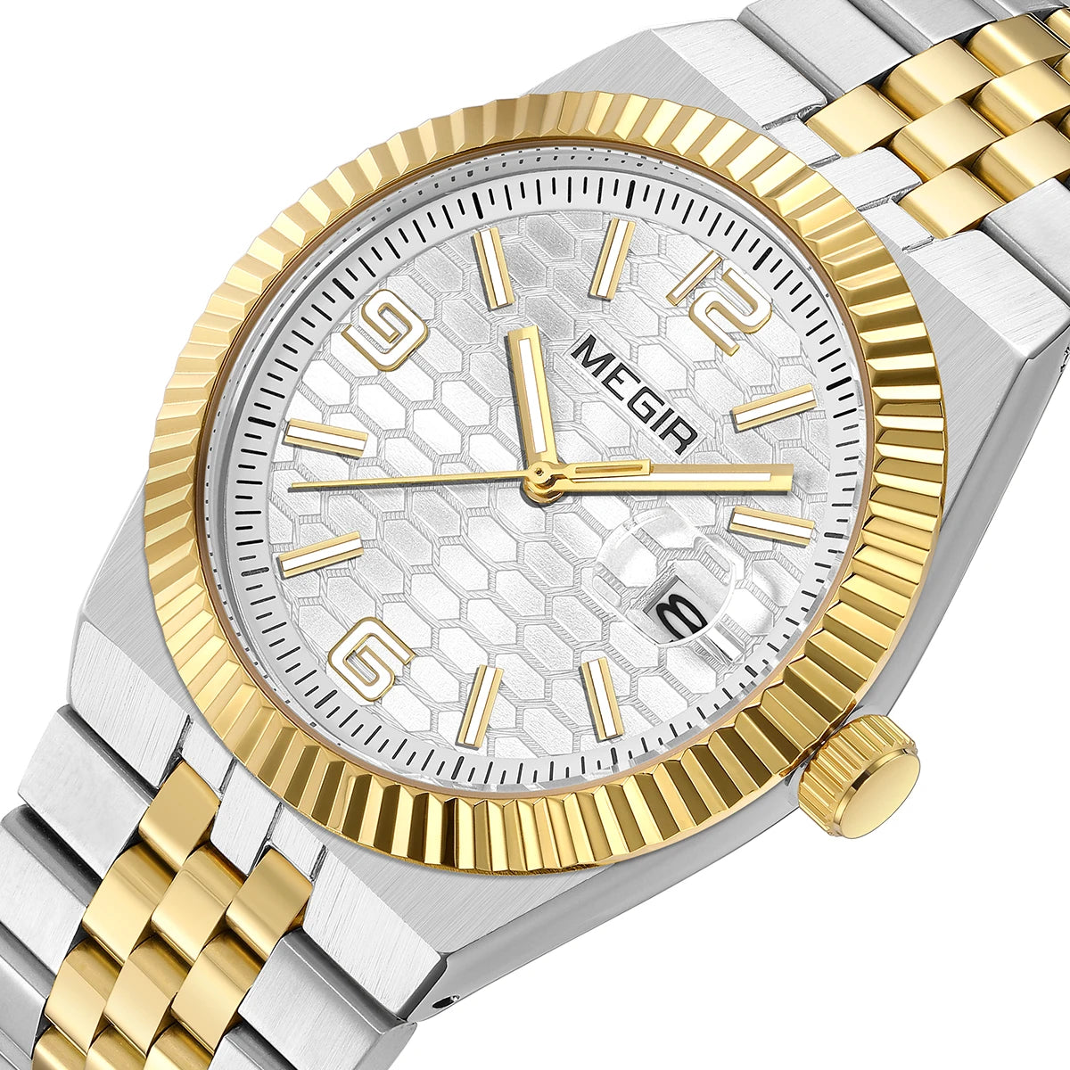 Megir relógio de quartzo estilo simples para homens, relógio de pulso analógico de negócios da moda com pulseira de aço inoxidável, data, mãos luminosas