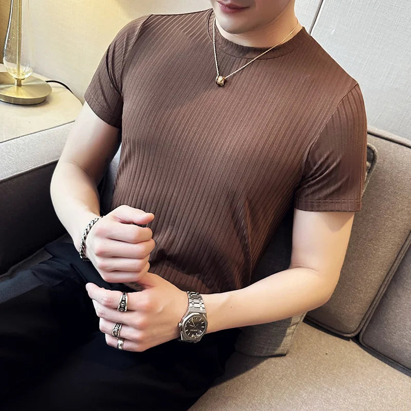Verão gelo seda elástica listra fina camiseta masculina fino ajuste manga curta tripulação pescoço respirável versátil camiseta topos 4xl-m