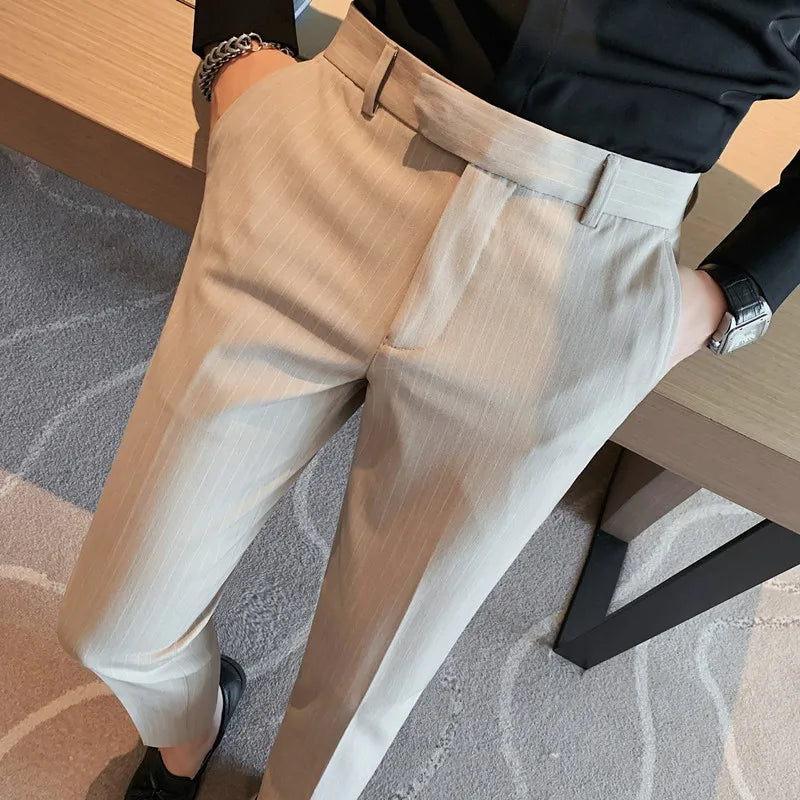 Estilo britânico listrado fino ajuste terno pant homens negócios casual simples vestido calças de alta qualidade social festa de casamento 38-28