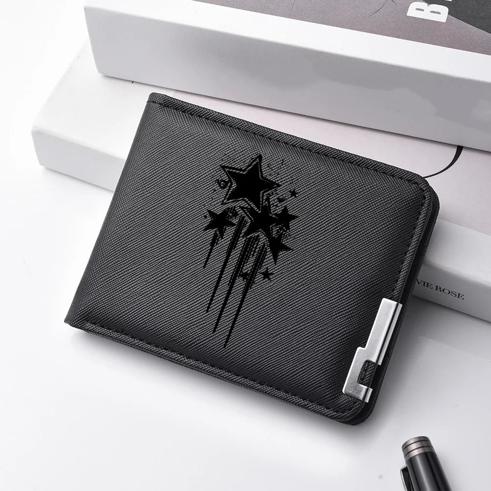 Carteira curta masculina de couro PU casual criativa com estampa de estrela preta adequada para carteira de negócios