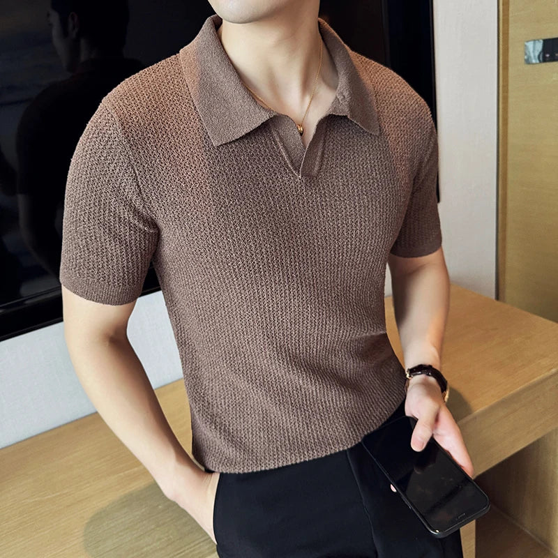 Camisa polo masculina de malha curta, camiseta casual, gola V, ajuste fino, respirável, malha, elasticidade, verão