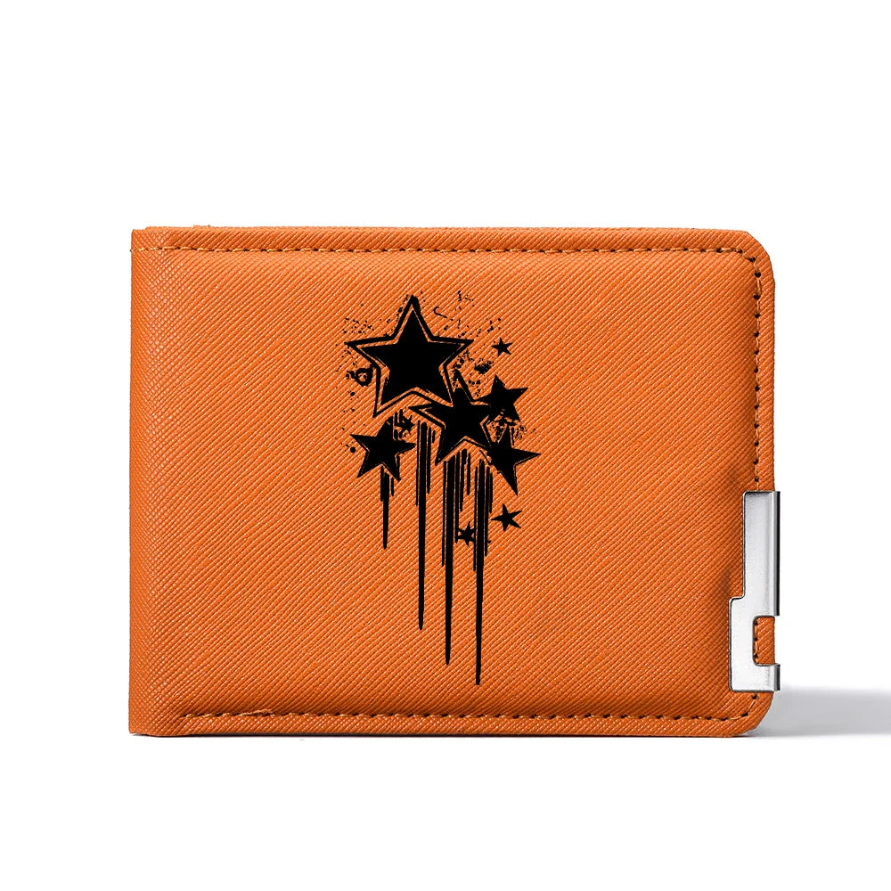 Carteira curta masculina de couro PU casual criativa com estampa de estrela preta adequada para carteira de negócios