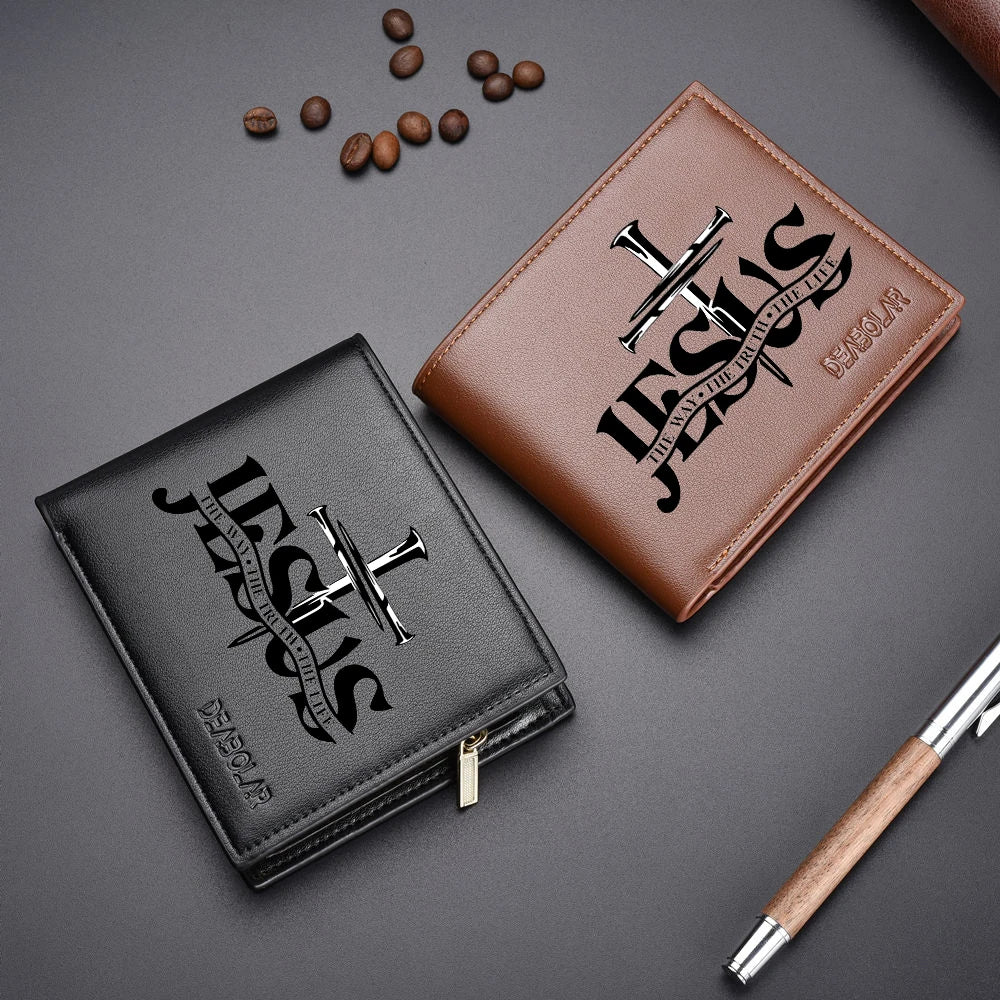 Carteira curta masculina negócios retro jesus padrão multi-slot para cartão zíper moeda bolso carteira masculina de alta qualidade
