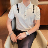 Estilo britânico Verão Manga Curta Lapela Polo Camisas Para Homens 2023 Nova Personalidade Alça de Ombro Social Slim Fit T-shirt Tops