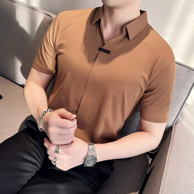 Verão de alta elasticidade com decote em v camisa polo masculina de alta qualidade seda gelo sem costura casual manga curta camiseta roupas masculinas 4xl-m
