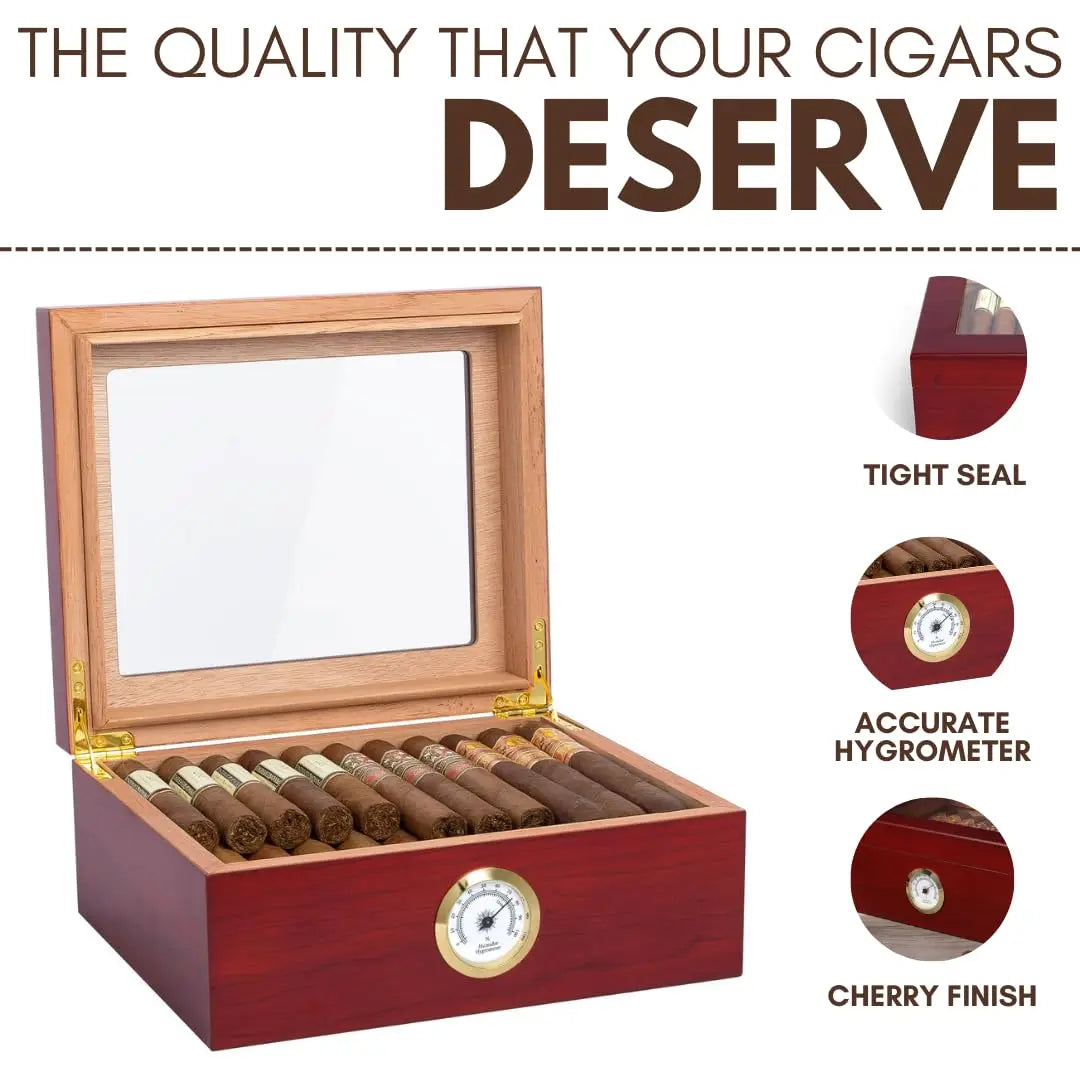 Caixa humidor de charutos, organizador artesanal de madeira de cedro com higrômetro, divisor de grande capacidade, suporte para 50 charutos, presente masculino