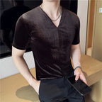 Camisetas elásticas com decote em v de veludo 2025 verão novo ajuste fino respirável manga curta camiseta cor sólida moda casual camisetas