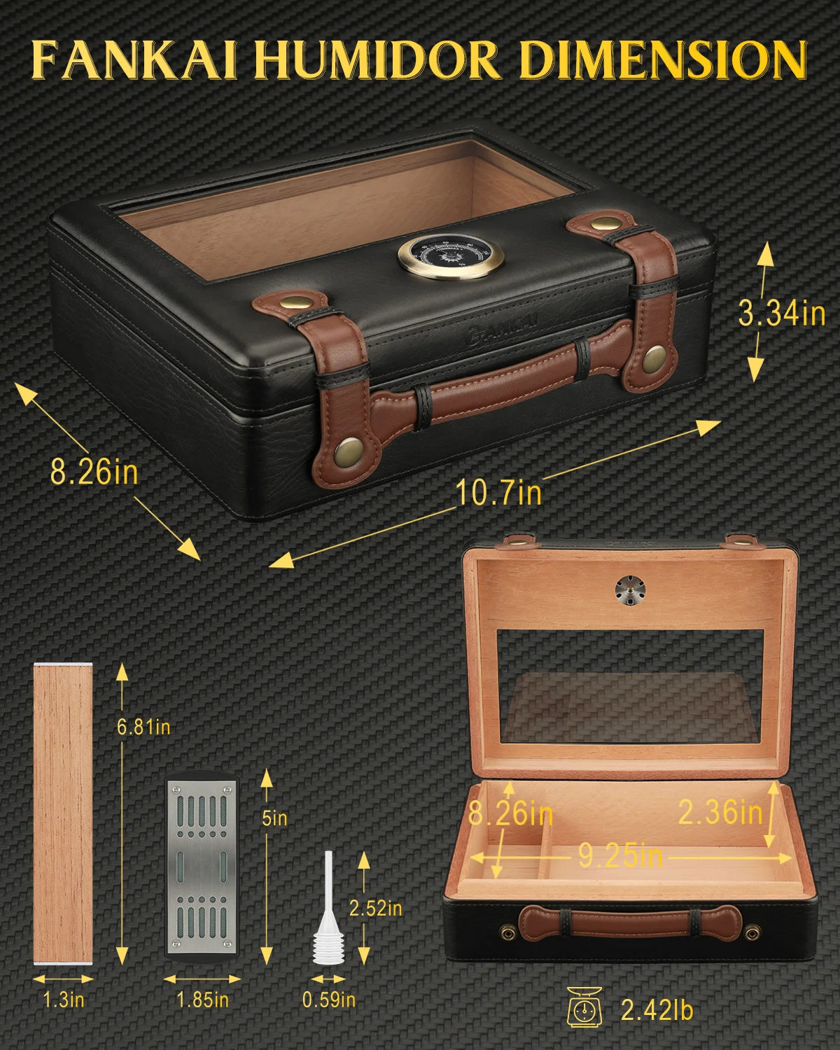 Humidor de charutos, caixa de umidificador de viagem com tampo de vidro, medidor de higrômetro de umidificador, caixa de charuto forro de madeira de cedro até 50 peças