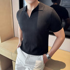 Camisas polo de malha com decote em v listrado masculino, manga curta, respirável fina, casual, moda social, novo, verão, 4XL, 2024