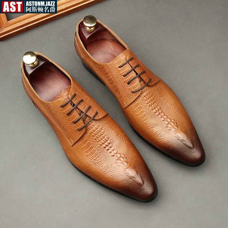 Sapato liso Oxford de couro genuíno masculino, preto, azul, padrão crocodilo, artesanal, sapatos formais, casamento, negócio, verão