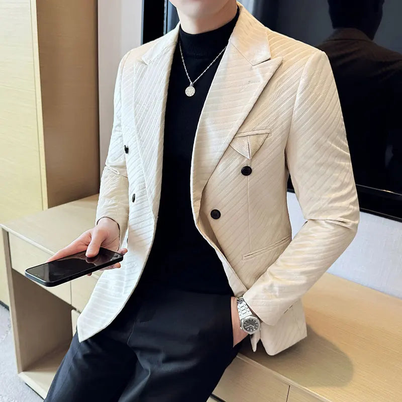 Outono inverno novo terno de veludo jaqueta masculina duplo breasted listrado fino ajuste casacos casuais de alta qualidade formal negócios fraque
