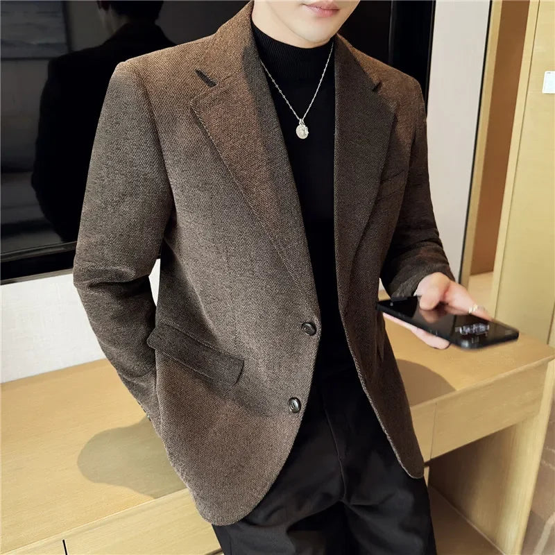 Outono inverno grosso terno de lã jaqueta masculina fino ajuste negócios casual terno casaco alta qualidade moda masculina casamento social smoking