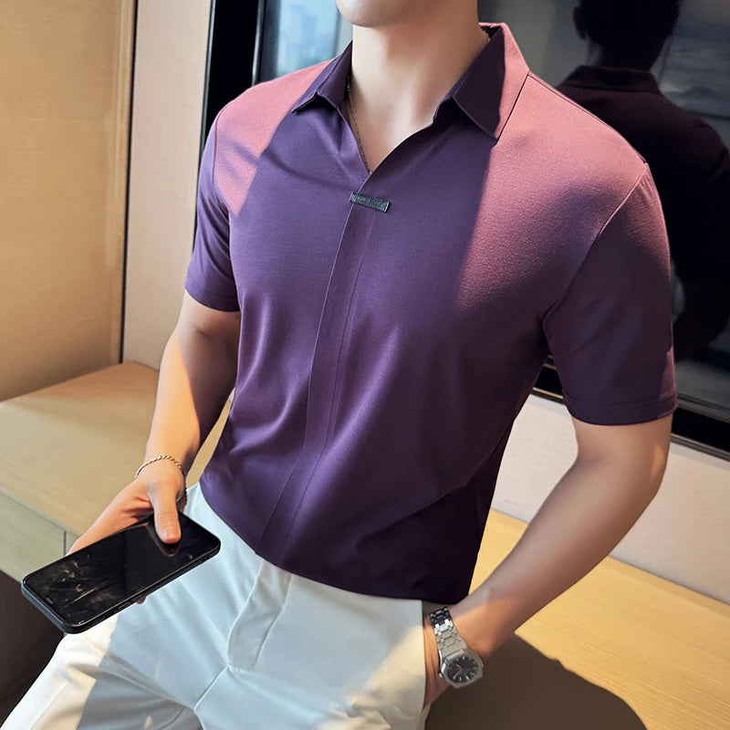 Verão de alta elasticidade com decote em v camisa polo masculina de alta qualidade seda gelo sem costura casual manga curta camiseta roupas masculinas 4xl-m