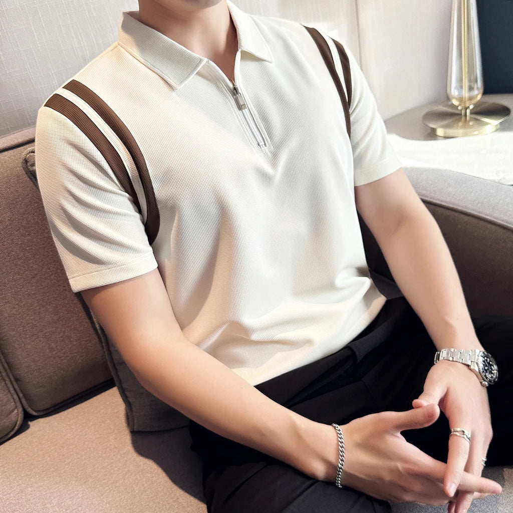Verão masculino sólido camisa polo 2025 moda turn down collar zíper design fino ajuste casual elástico camisetas roupas masculinas 4xl-m