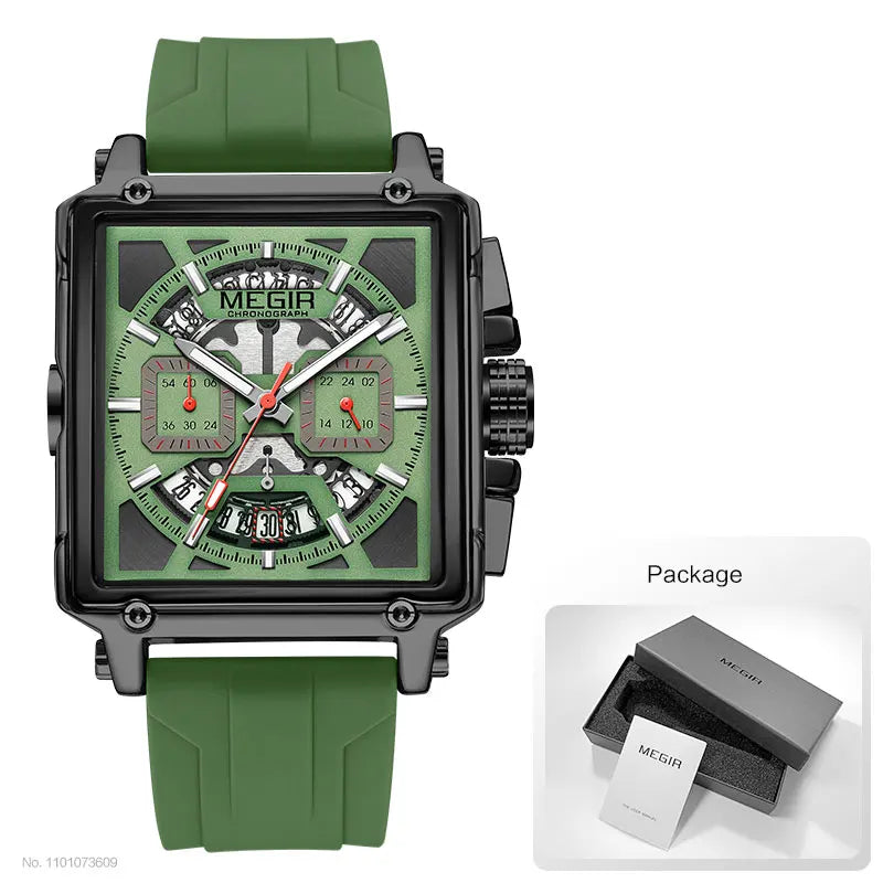 MEGIR-Relógio de quartzo quadrado masculino, moda, impermeável, luminoso, cronógrafo, data, azul, Silicone Strap, esporte, 2233